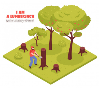 Lumberjack isometric composition with woodcutter chopping trees in forest with hand axe Free Vector