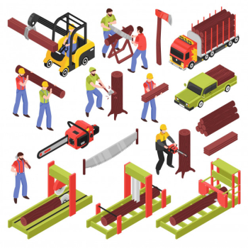 Lumberjack isometric icons set of workers sawing trees and logs with hand saw and  saw frame equipment isolated Free Vector