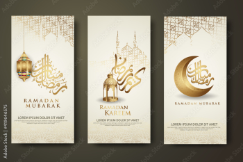 luxury and elegant roll up banner set template, Ramadan Kareem with calligraphy islamic, crescent moon, traditional lantern and mosque pattern texture islamic background