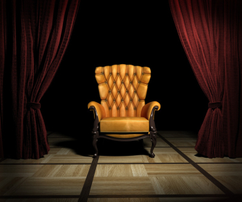 luxury leather armchair and red curtain above interior (3D)