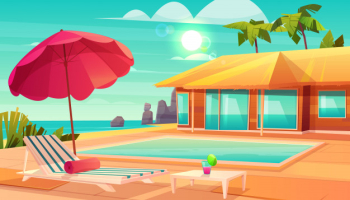 Luxury tropical resort hotel cartoon vector with cocktail on table, Free Vector