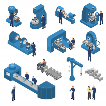 Machine tools with workers isometric set Free Vector Machine tools with workers isometric set Free Vector
