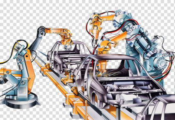 Machines creating cars illustration, Car Factory Automotive industry Conveyor belt Illustration, Machinery production line transparent background PNG clipart