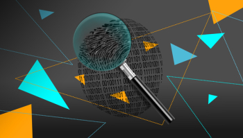 Magnifying Glass Over Binary ID Fingerprint - Dark Background Magnifying Glass Over Binary ID Fingerprint - Dark Background