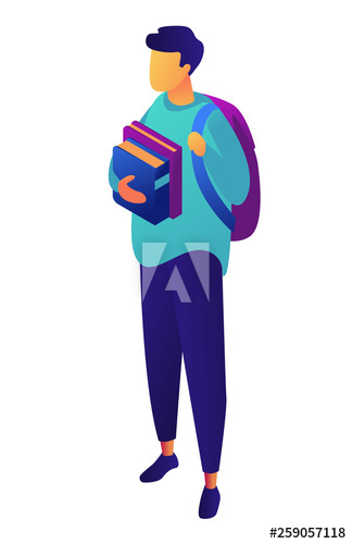 Male student standing with backpack holding books, tiny people isometric 3D illustration
