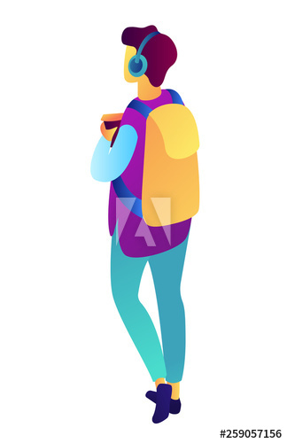 Male teenager walking with backpack, headphones and holding coffee isometric 3D illustration