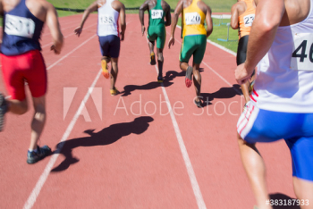 Male track and field athletes running on sunny running track Male track and field athletes running on sunny running track