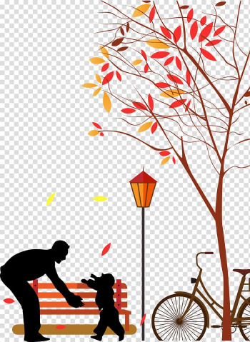 Man and child near tree and bench illustration, Fathers Day Adobe Illustrator, Autumn park play father and son transparent background PNG clipart