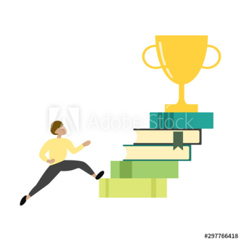 Man going upstairs on book Man going upstairs on book