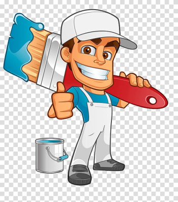 Man holding paint brush beside pail animated , House painter and decorator Painting Cartoon, Industrial Worker transparent background PNG clipart