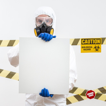 Man in hazmat suit with a blank sign Free Photo