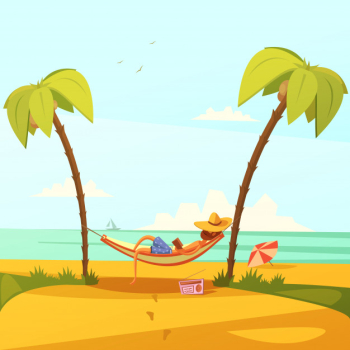 Man on the beach background with hammock hat radio and palms Man on the beach background with hammock hat radio and palms