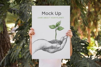 Man presenting poster mockup in front of park Free Psd