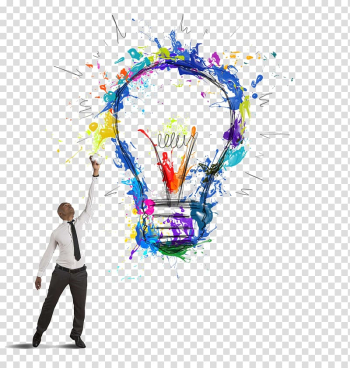 Man reaching for multicolored light bulb illustration, Innovation Creativity Idea Businessperson, light bulb transparent background PNG clipart