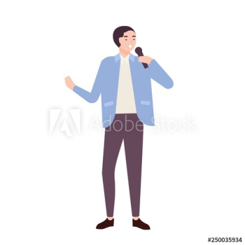 Man singer, jazz, soul or blues vocalist wearing elegant suit and singing ballad in microphone