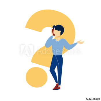 Man standing at a big question mark Man standing at a big question mark