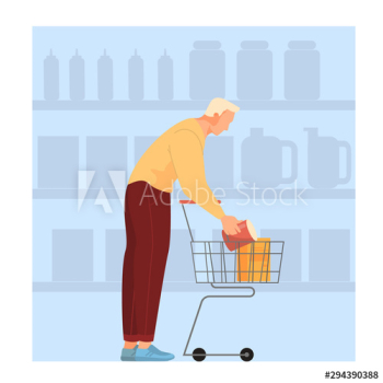 Man walking with shopping cart in supermarket