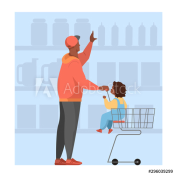 Man walking with shopping cart in supermarket