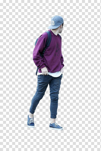 Man wearing purple sweater and blue denim jeans standing, Rendering Walking Man, walking people transparent background PNG clipart