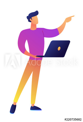 Manager standing with laptop and pointing with finger vector illustration Manager standing with laptop and pointing with finger vector illustration