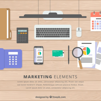 Marketing elements background with top view of workspace