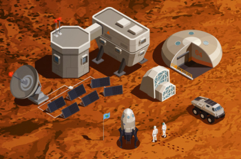Mars colonization isometric background with equipment for scientific research and communications space ship and astronauts Free Vector