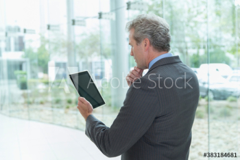 Mature corporate businessman using digital tablet at office window