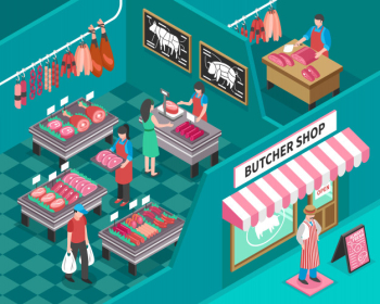 Meat shop isometric illustration Free Vector Meat shop isometric illustration Free Vector