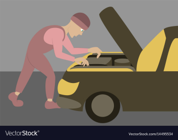 Mechanic repairs car motor vector image Mechanic repairs car motor vector image