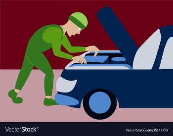 Mechanic repairs car motor vector image Mechanic repairs car motor vector image