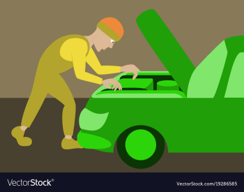 Mechanic repairs car motor vector image Mechanic repairs car motor vector image