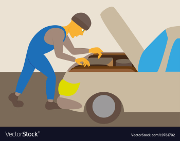 Mechanic repairs car motor vector image Mechanic repairs car motor vector image
