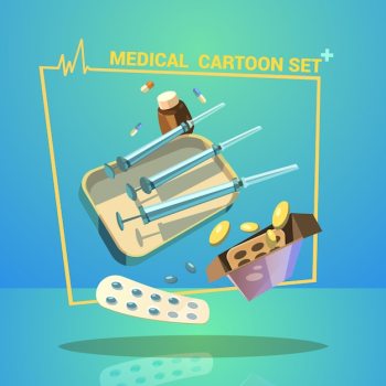 Medicine and treatment cartoon set with pills capsules and syringes