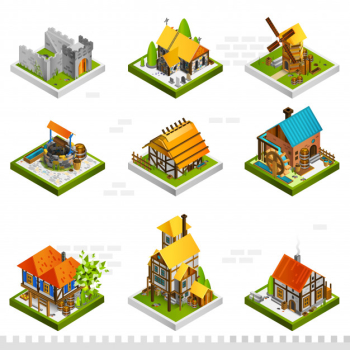 Medieval buildings isometric collection Free Vector Medieval buildings isometric collection Free Vector