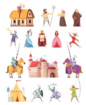 Medieval characters buildings icons set Free Vector Medieval characters buildings icons set Free Vector