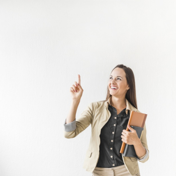 Medium shot business woman pointing with copy space Free Photo Medium shot business woman pointing with copy space Free Photo