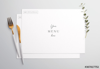 Menu on Table with Cutlery and Eucalyptus Mockup Menu on Table with Cutlery and Eucalyptus Mockup