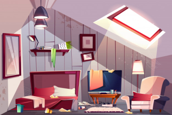 Messy attic bedroom or guest room on garret interior with scattered clothes, stained walls