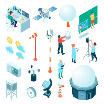 Meteorological center set of isometric icons with weather measuring equipment and forecasters isolated Free Vector