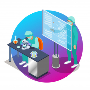 Microbiology isometric emblem with two scientist people who work at the lab illustration Free Vector