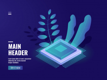 Microelectronic computer chip icon, data computing process, server room, cloud storage