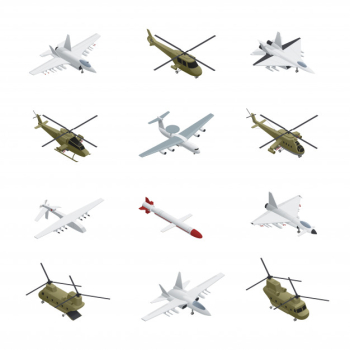 Military air force isometric icon set airplanes and helicopters with different types colors sizes and purposes Free Vector