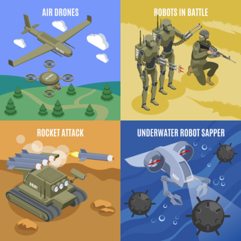 Military robots in battle 2x2 concept with air drones rocket attacks underwater robot sapper isometric icons Free Vector
