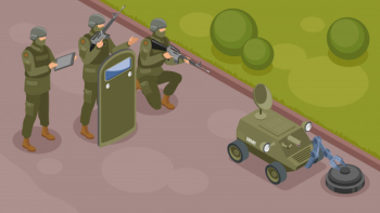 Military robots isometric composition with group of armed warrior supervising work of robot sapper Free Vector