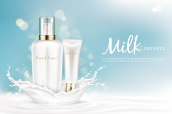 Milk cosmetics bottles mockup with space for name brand stand at milky splash Free Vector