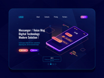 Mobile application messenger concept isometric icon, mobile phone with sms dialog on screen, chatbot