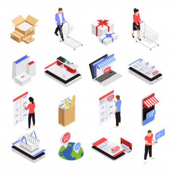 Mobile shopping icons set with ecommerce symbols isometric isolated Free Vector