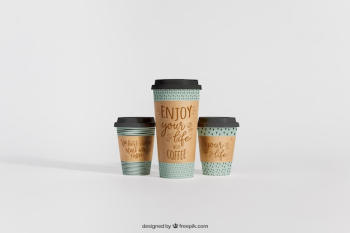 Mockup of three coffee cups of different sizes