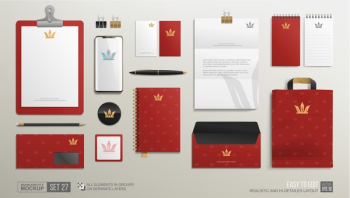 Mockup set of Personal Branding Identity Stationery mock-up set with Golden Crown logo icon on burgundy background. Corporate Business Brand Identity Luxury style Mockup set