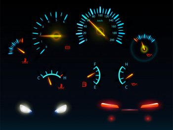 Modern car dashboard indicators glowing in darkness blue and orange light scales and arrows, automobile front and back headlights realistic vector illustrations set Free Vector
